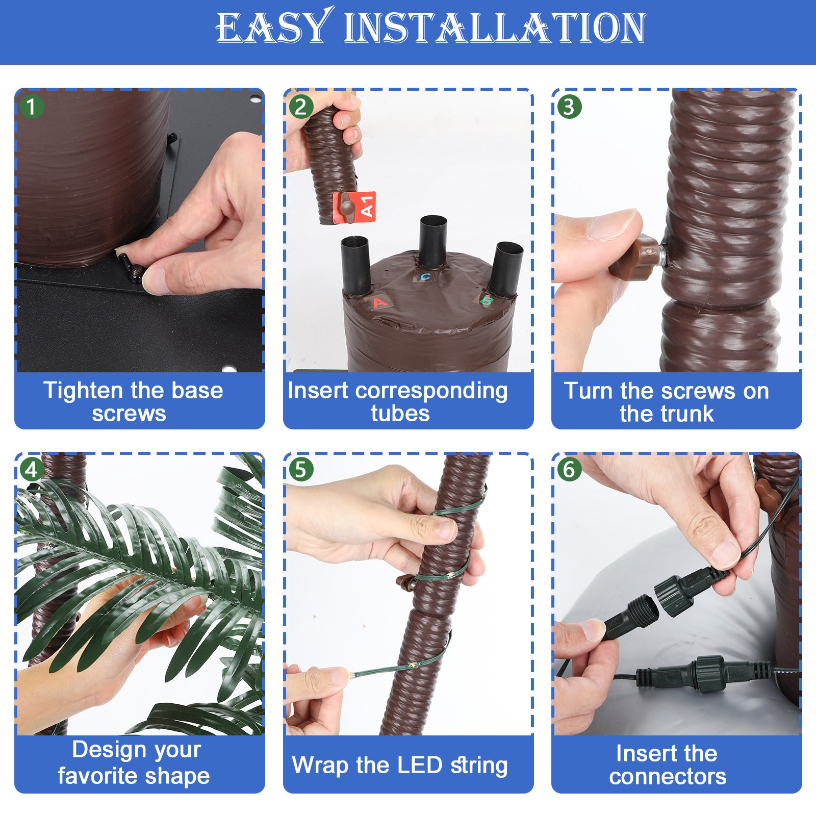 Solar Lighted Palm Tree Set (6ft, 3.3ft, 2ft) - Outdoor Christmas Decoration, 8 Modes w/ Remote & Timer