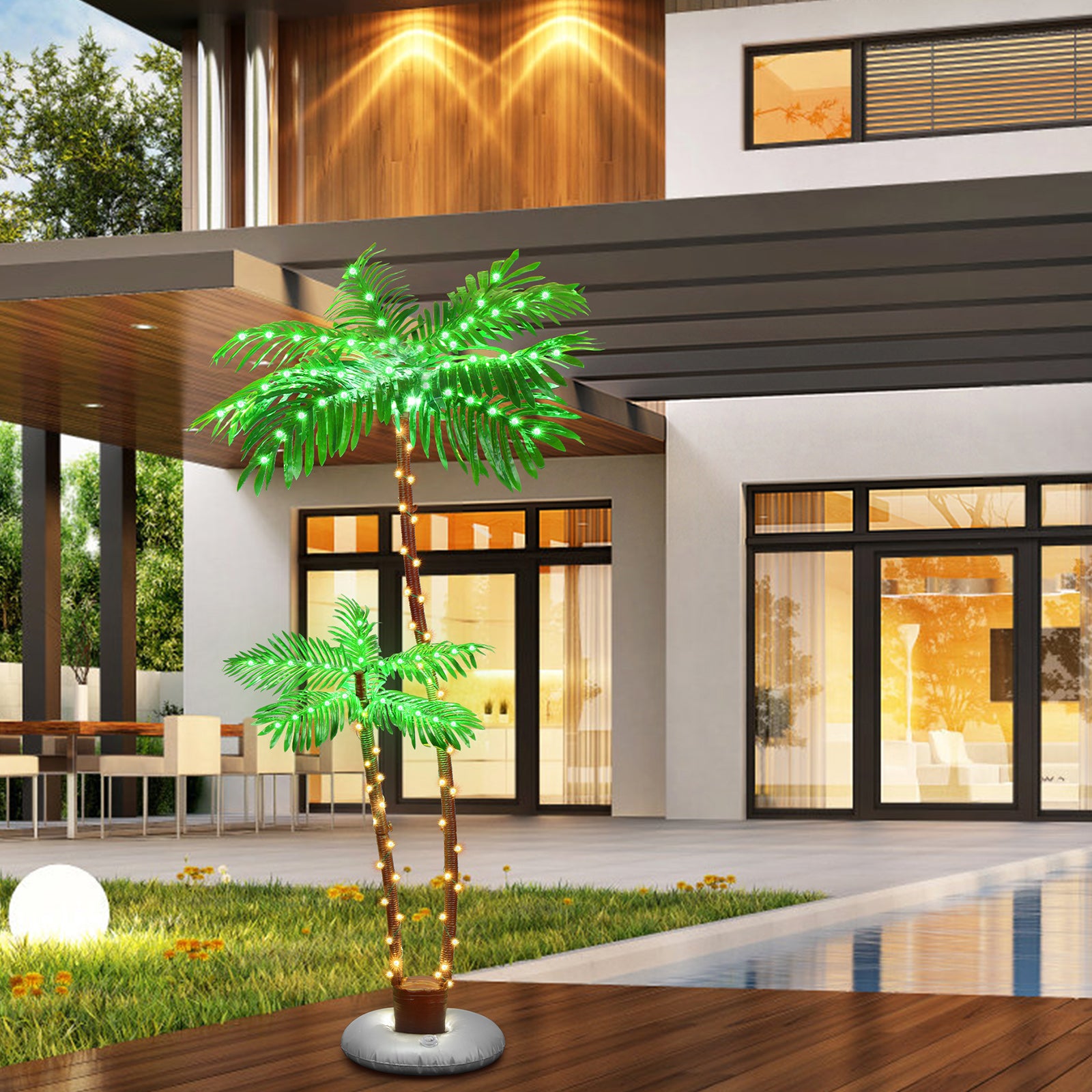 Solar Lighted Palm Trees (Set of 2) - LED Outdoor Tropical Party & Pool Deck Decorations w/ Timer