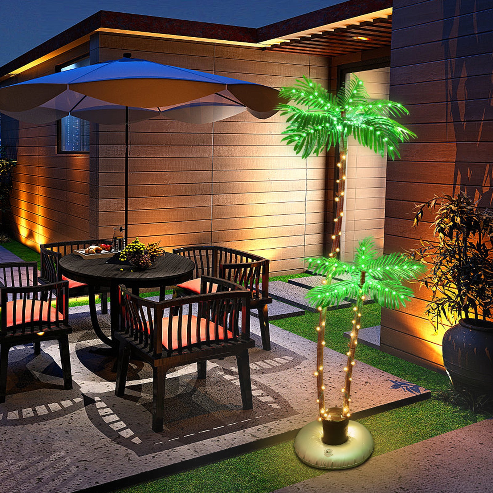 Solar Lighted Palm Trees (Set of 2) - LED Outdoor Tropical Party & Pool Deck Decorations w/ Timer